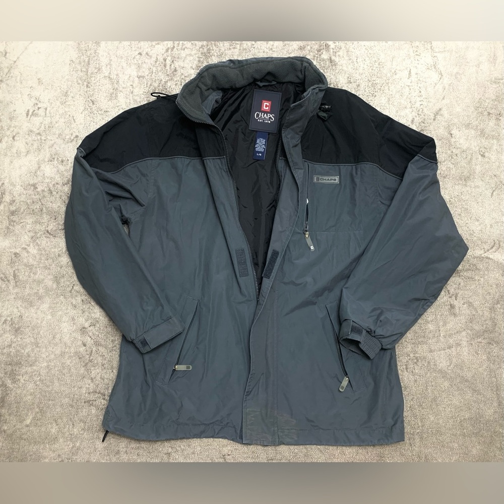 Chaps Mens Lined Outdoor Jacket Hidden Hood Wind Flap Full Zip Pockets L